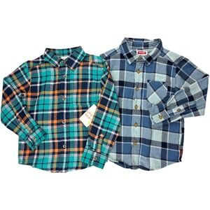 Wrangler Jumping Beans 4T Boys Button Down Shirt Lot Plaid Collared Dress Blue